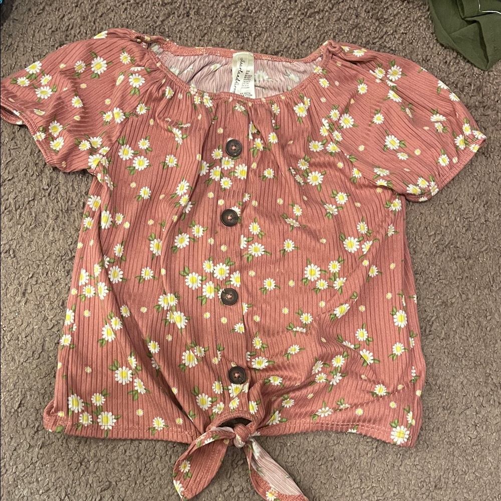 NWT Girls' Floral Tie-Front Top - Rust Daisy Print